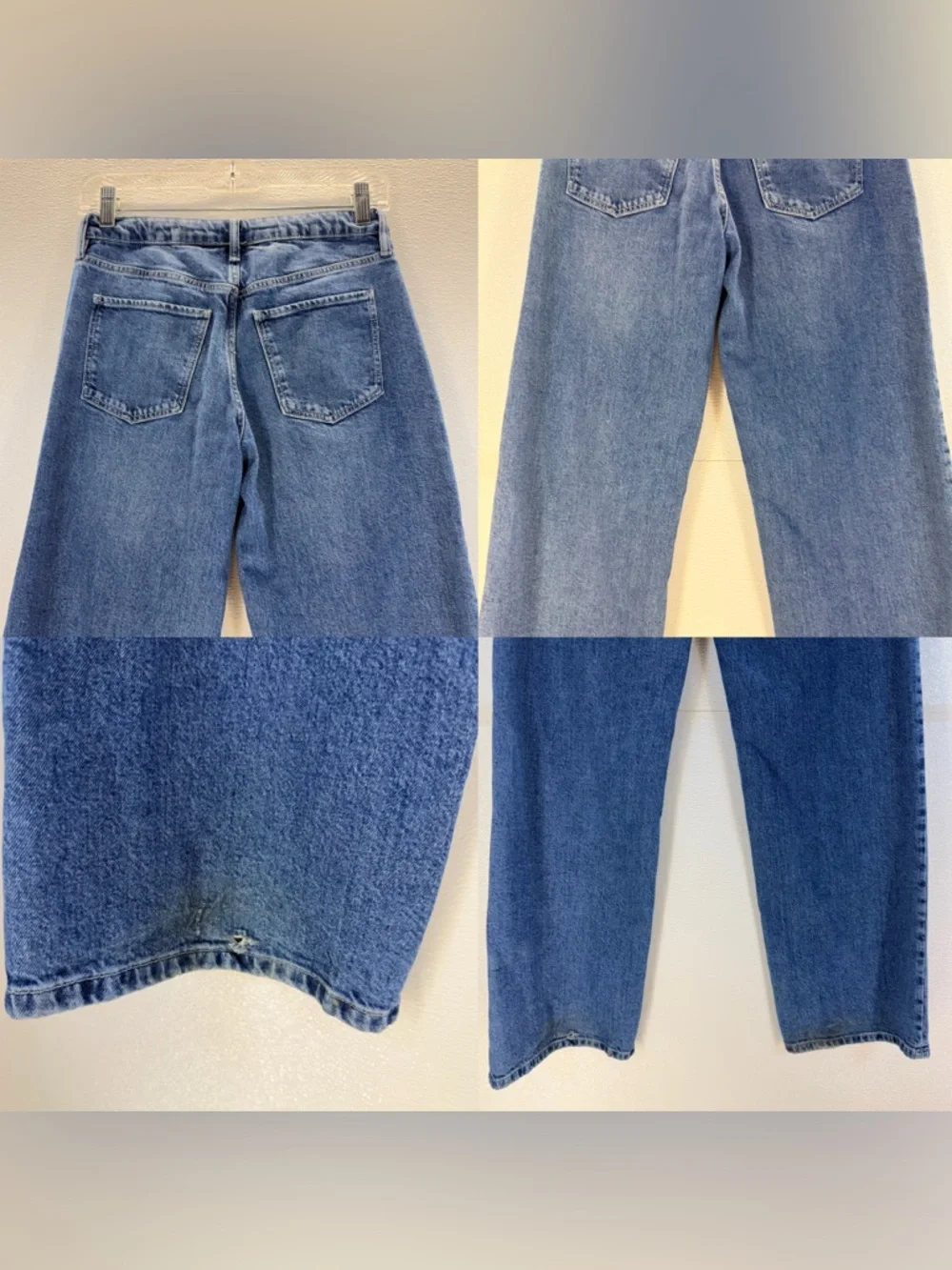 H&M Wide Leg Jeans Pearl Embellished Size 18 Blue‎ High Rise Denim